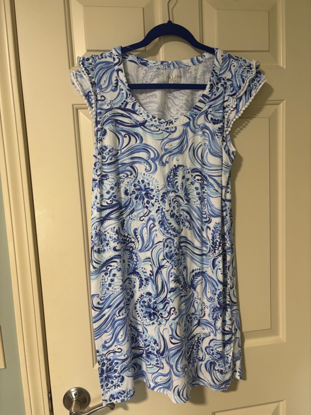 Blue & White Swirl Print Cap Sleeve Tunic Dress
